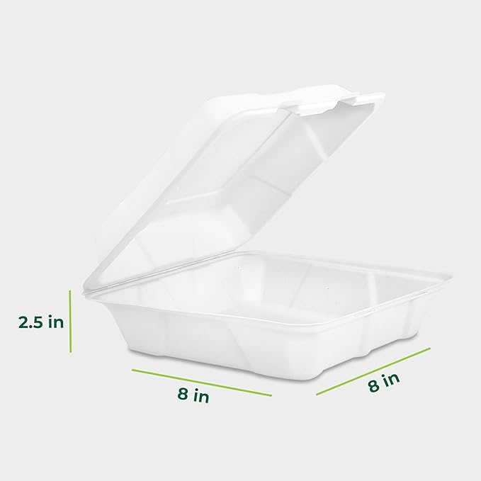 Freshware Clamshell Food Containers with Lids [8x8" 100-Pack] Disposable To Go Containers, Biodegradable Sugarcane To Go Boxes - Paper Container - Microwave & Freezer Safe, Stackable