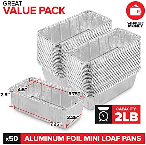 Stock Your Home 2 Lb Aluminum Foil Mini Loaf Pans (50 Pack) Disposable Small Loaf Pan – 2 Pound Baking Tin Liners, Perfect to Bake Cakes, Bread Loaves, and Meat - 8.5 x 4.5 x 2.5