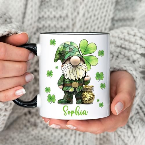 Hyturtle Personalized Gnome Mug - Cute Gnome Gift For Women - Lucky Gift For Gnome Lover - Gnome St. Patricks Day Decorations - Gnome Gifts - Custom Name Coffee Cup Ceramic Mug 11oz 15oz