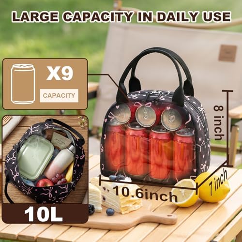 LEDAOU Lunch Box for Women Insulated Lunch Bag Corduroy Lunch Tote Bags Leakproof Cooler Lunch Case for Travel Work Picnic (Bow Tie Black)