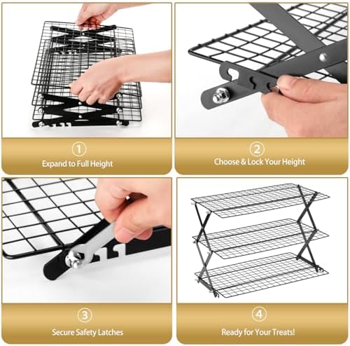 3-Tier Stackable Cooling Rack for Baking, Collapsible Wire Cookie Rack with Adjustable Heights, Non-Stick Roasting & Drying Rack for Cupcakes, Pies and Pastries, Space-Saving Kitchen Essential