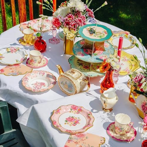 Talking Tables 24 x 7 oz Vintage Floral Paper Tea Cups & Saucer Set, Disposable Tea Cups for Easter, Afternoon Tea Parties, Bridal Shower, Mothers Day, Wedding, Birthday, Birthday Party Decorations