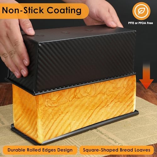 2.2lb Pullman Loaf Pan with Lid, 13inch SP-031 Bread Pan with Dough Scraper Cutter, Black Covered Loaf Pan for Sandwich Bread