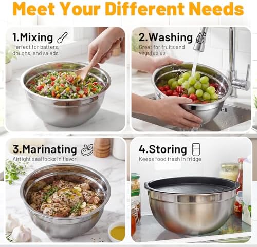Beasea Stainless Steel Mixing Bowls, 2 Pack 3.4 QT Metal Nesting Mixing Bowls with Black Lids, Stackable Baking Bowl with Lid for Kitchen, Prepping, Serving, Cooking