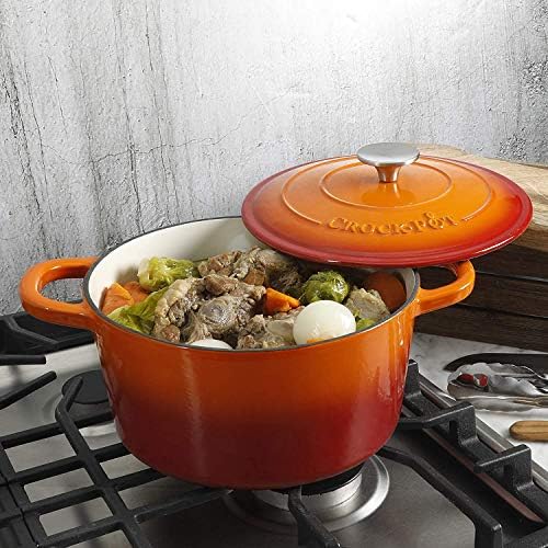 Crock-Pot Artisan 5-Quart Round Enameled Cast Iron Dutch Oven – Sunset Orange, Durable Heavy-Duty Cookware for Slow Cooking, Roasting, Baking with Lid