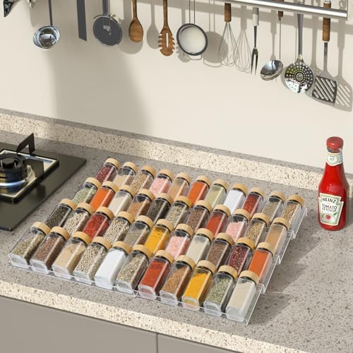 Suneerplay Spice Drawer Organizer 4 Tier, Acrylic Seasoning Organizer Rack, Clear Spice Rack Tray, Kitchen Seasoning Jars Drawers Insert (Jars Not Included/Expandable From 9" to 18") (Pack of 3)