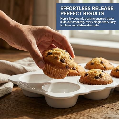 Hiceeden 2 Pack Ceramic Muffin Pans, 6 Cups Non-stick Muffin Tin Cupcake Baking Pans with Handles for Muffin Cakes, Egg Tarts, Mousse, Pot Pie, Jelly