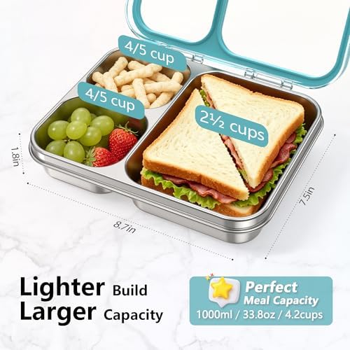 HOMEKOL Stainless Steel Bento Lunch Box 3-Compartment, 4.2Cups, Blue
