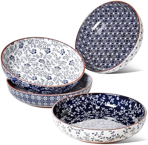LE TAUCI Pasta Bowl 32 oz, Ceramic Salad Bowl, Japanese-Style Plate Bowls for Serving Pasta, Fruits, Salad, Noodle, Dinner, Soup, Microwave Oven Dishwasher Safe - 8.2 Inch, Set of 4, Vintage Blue