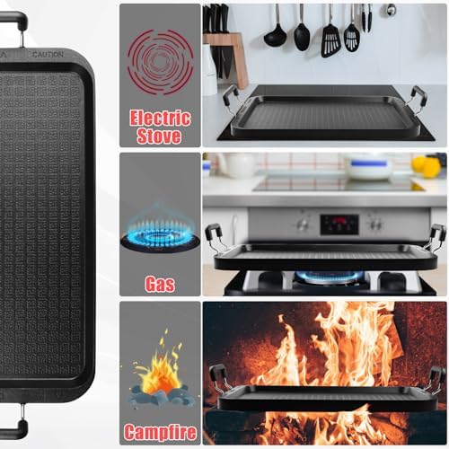 Vayepro 2-Burner Griddle Pan with Glass Lid - Nonstick Stovetop Griddle for Gas & Glass Cooktops - Aluminum Camping Grill Pan for Breakfast (Pancakes/Eggs/Bacon) (22"L x 12"W x 1.77"Th)