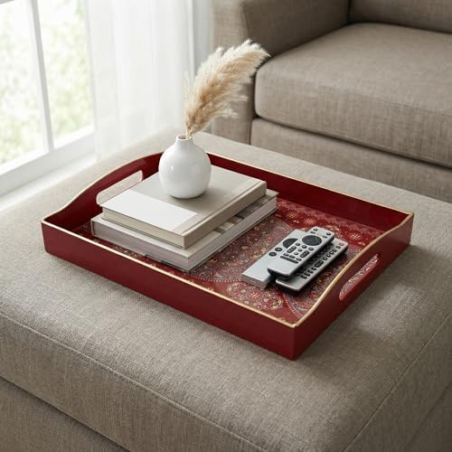 Boho Red Decorative Tray, Serving Tray with Handles, Plastic Tray for Coffee Table, Ottoman - Ideal for Living Room & Bathroom. 15” x 11” x 2.5”