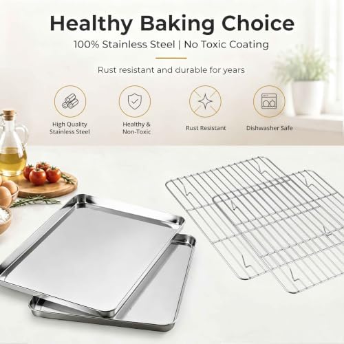 Onader Baking Sheet with Cooling Rack Set of 2, 16x12 Inch Stainless Steel Cookie Sheets for Baking, Metal Jelly Roll Pan with Rack for Oven, 2 Pans + 2 Racks, Nonstick & Rust Resistant