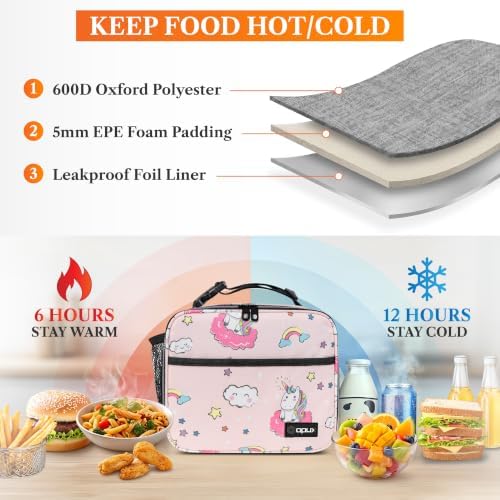 opux Insulated Lunch Bag for Kids, Reusable Lunch Box for School, Unicorn