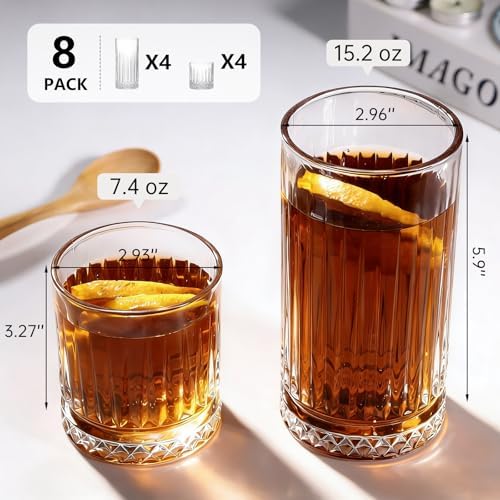 Ruckae Drinking Glasses Set of 8,15 oz and 7 oz Kitchen Water Glass Cups Set,Clear Ribbed Glassware Dishwasher Safe,Mixed Drinkware for Beer,Juice,Cocktail,Whiskey,Milk and Various Mixed Drinks