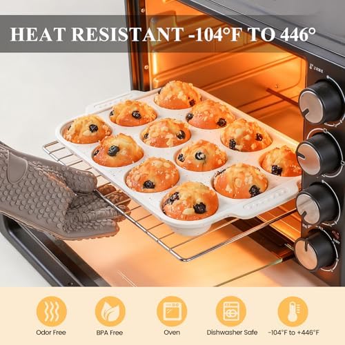 Vinino 12 Cup and 6 Cup Silicone Muffin Pans with Reinforced Frame, Cream