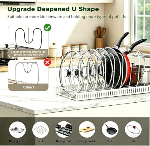 Expandable Pot and Pan Organizer for Cabinet, 14 Adjustable Dividers, Versatile Pan Holder Storage Rack, Extends from 12'' to 23'', Fits Cabinets, Countertops, or Under Sink, White, Iron