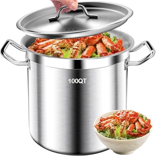 Large Stock Pot - 100QT Stainless Steel Stockpot with Lid, Heavy Duty Tri-Ply Bottom Commercial Grade Soup Pot for Cooking Soup, Stew, Canning, Oven, Gas, Ceramic, Dishwasher Safe