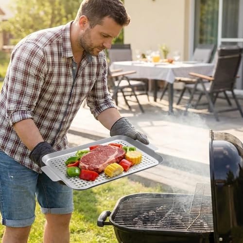 Grill Topper Grilling Pans Set of 2, 17"x10" and 13.3"x7.4"