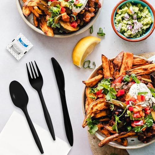 Knife Fork Spoon Napkin Salt Pepper Sets, Individually Wrapped Black Plastic Cutlery Packets for Delivery, Cafeterias, Restaurants (1000 Pack)