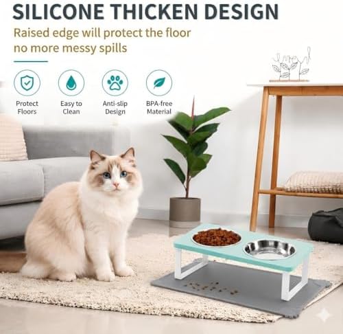Summark Upgraded Elevated Cat Bowls with Food Mat,15°Tilted Stand Anti Vomiting Raised Cat Dishes for Food and Water,2 Stainless Steel Bowls for Cats and Puppy（Teal）