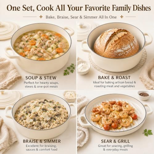 AHJ Enameled Cast Iron Dutch Oven Set - 4 Piece Cookware Set with Lids