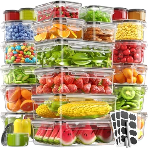 46 Piece Food Storage Containers with Lids(23 Containers & 23 Lids), BPA-Free Plastic Food Containers for Kitchen Storage and Organization, Leak Proof Meal Prep Container, Includes Labels & Pen