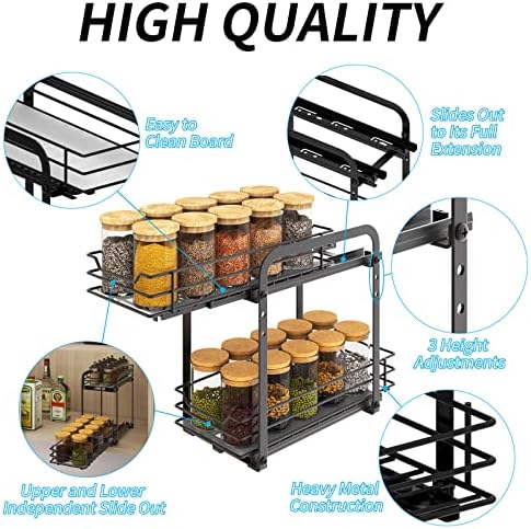 BOIVSHI Spice Rack Organizer for Cabinet, 2 Tier Pull Out Spice Organizer for Cabinet Height Adjustable Heavy Duty Metal Basket for Inside Cabinets & Pantry Closet (5.5''Wx10.5''Dx9.5''H)