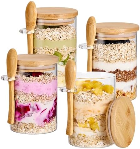 4 Pack Overnight Oats Containers with Bamboo Lids and Spoons - 22 oz Airtight Glass Jars with Lid, Meal Prep Jars for Chia Pudding, Yogurt, Salad, Cereal, Coffee, Flour | Food Storage Canister