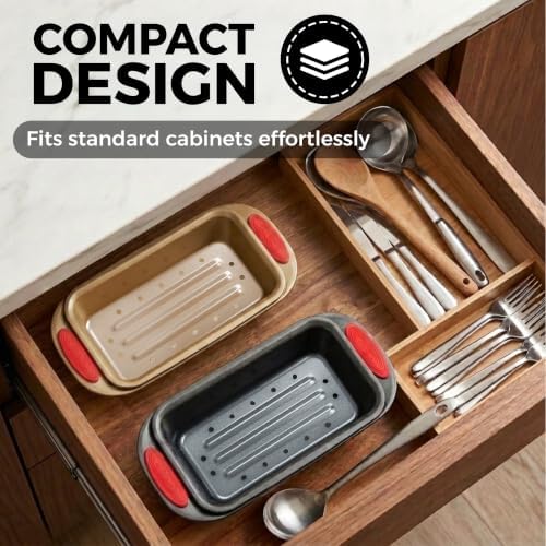 PERLLI Nonstick Meatloaf Pan with Drain Tray, Elevated Inner Pan for Fat and Grease Removal, Easy Grip Silicone Handles, Dishwasher Safe with Heavy-Duty Carbon Steel Bakeware for Even Heating (Brown)