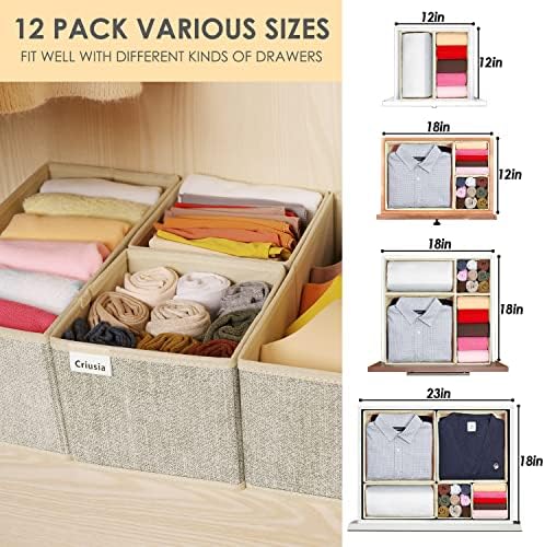 12 Pack Drawer Organizers for Clothing, Foldable Clothes Storage Box Closet Dresser Drawer Organizers Dividers, Bedroom Organization Fabric Bins for Baby Clothes Underwear Sock Bra Ties (Beige)