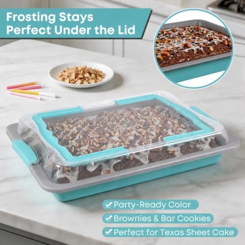 2 Pack 15x10 Sheet Cake Pan with Lid, Blue Gray Interior