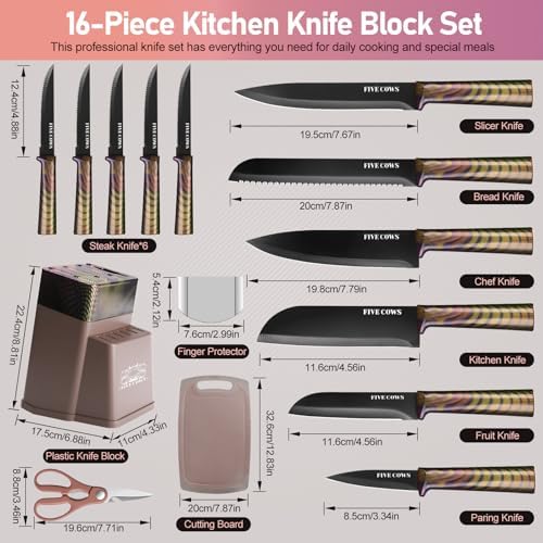 16-Piece Kitchen Knife Block Set with Cutting Board - German Stainless Steel Knives, Built-In Sharpener, Dishwasher Safe, Anti-Slip Handle - All-in-One Cutlery Set for Home/Kitchen (Pink)