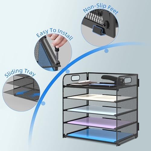 SUPEASY 2 Pack 5-Tier Desk Organizer with Handle Mesh Desk File/Paper Organizer Letter Tray for Office, School and Home Easy Installation,Black