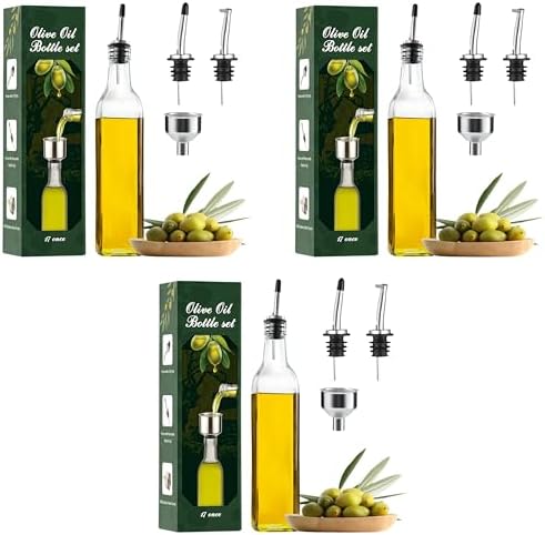 AOZITA Glass Oil Dispenser Bottle, 500ml | Pack of 3 | Includes Pourers and Funnel | Clear Design | For Kitchen