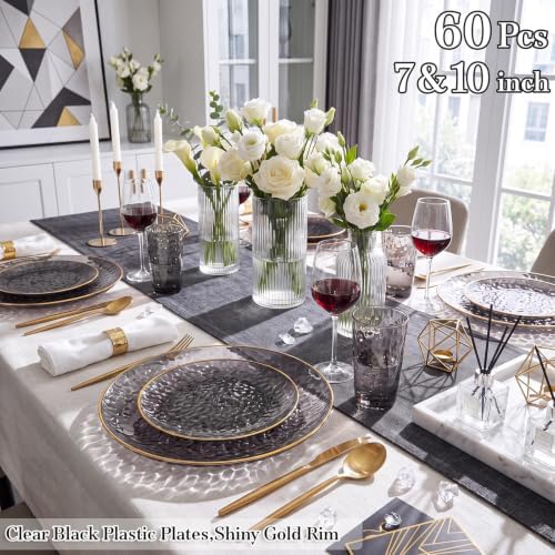 Rubtlamp 60Pcs Black Plastic Plates, Black Disposable Plates With Gold Rim, Clear Heavy-duty Party Plates, Hammered Plastic plates Include 30 Dessert Platos, 30 Dinner Platos for Party