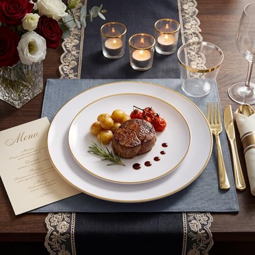 KIRE 60PCS Gold Plastic Plates - Heavy Duty White Disposable Plates with Gold Rim - Include 30Pieces 10.25inch Dinner Plate and 30Pcs 7.5inch Dessert Plate for Wedding/Party/Halloween/Thanksgiving