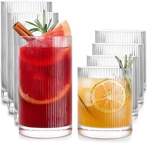 Drinking Water Glass Cups Set,Crystal Clear ribbed Glass set of 8,17oz&12oz