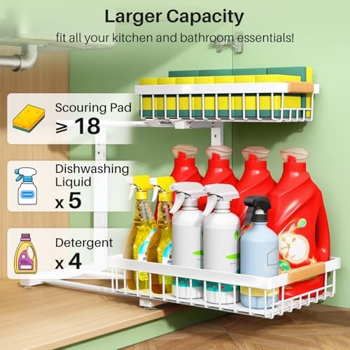 Kitstorack Under Sink Organizer, 2 Tier Under the Sink Storage, Slide out Pull out Cabinet Organizer Shelf, Metal Sliding Drawer for Kitchen Bathroom Pantry Closet Organization Rack, White, 1 Pack