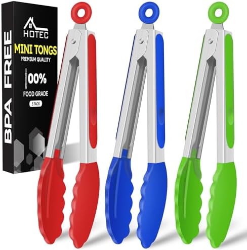 HOTEC Small Silicone Kitchen Tongs 7-Inch Mini Serving Tongs, Set of 3