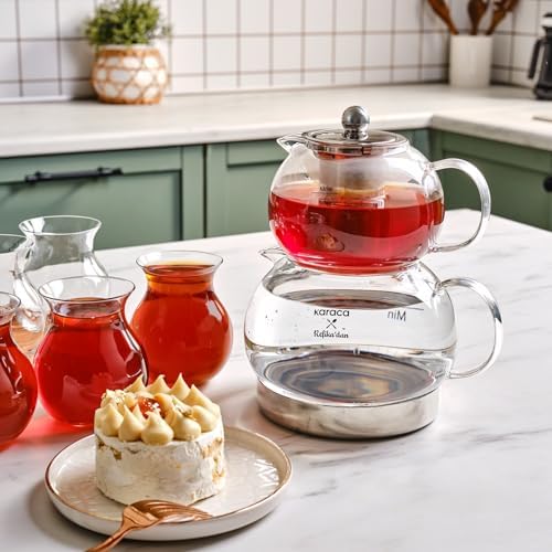 Karaca Refika Borosilicate Glass Teapot Set with Stainless Steel Tea Strainer, 1.5 L Kettle & 0.6 L Glass Teapot with Strainer, Turkish Tea Pot, Caydanlik