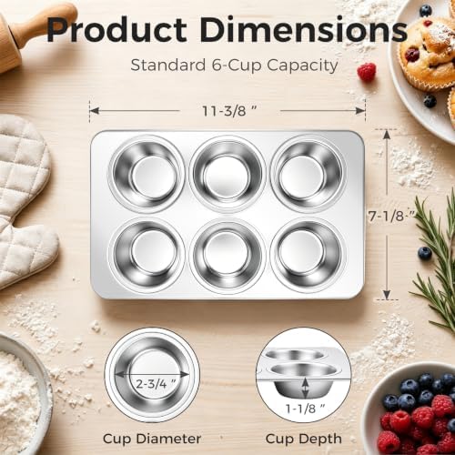 Onader Stainless Steel Muffin Pan, 6 Cup Cupcake Pan for Baking, 2 Pieces