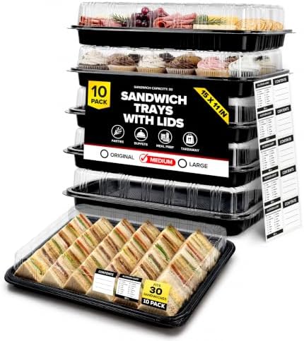 10 Pack Catering Trays with Lids – 15" Serving Tray with Lid, Heavy Duty Recyclable Plastic Party Platters for Catering, Buffet, Picnics & Events – Food Tray with Clear Lid (15.35 × 11.42 × 2.95 inch)
