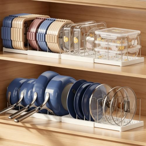 Magheo 2 Pack Expandable Food Storage Container Lid Organizers, 31.3" Pots and Pans Organizer Under Cabinet with 12 Adjustable Dividers Pot and Pan Lid Holders Rack Inside Cabinet(White)