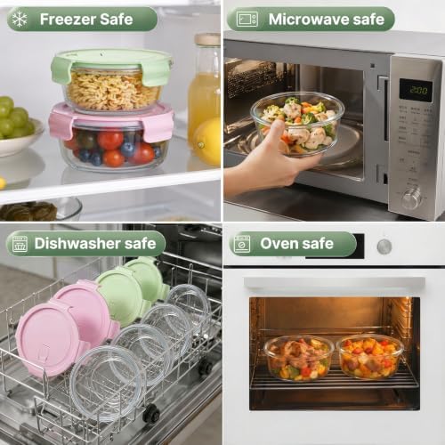 4 Pack Glass Meal Prep Containers, Glass Food Storage Containers with Airtight Lids, Leak Proof, Easy to Clean, Microwave, Dishwasher, Oven, and Freezer Safe