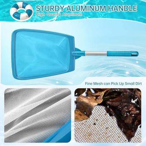 Pool Net, Professional Swimming Pool & Hot Tub Skimmer Net Accessories, Heavy Duty Pool Leaf Rake Cleaning Tool with Pole, Fine Nylon Mesh Bag Easy to Clean Bugs, Debris, Leaves(Blue)