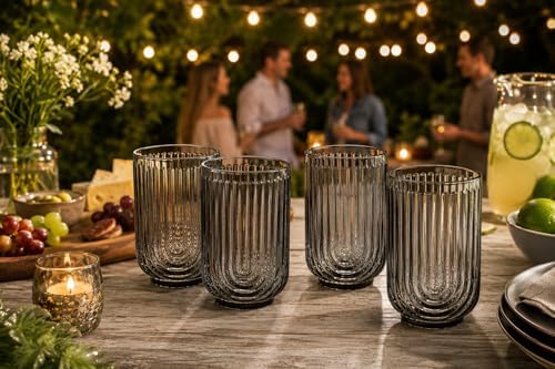 Glaver's Vintage Glassware - Art Deco Ribbed Drinking Glasses, U-Shape Arch Design Colored Cocktail Decorative Party Everyday Kitchen Tumblers, Hand Wash Only (Smoke S/4 17oz)