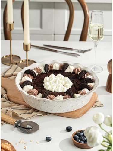 Deep Pie Dish for Baking, Ceramic Pie Pan for Apple Pie, Tart, Quiche Baking Dish, Farmhouse Decor Pie Plate, Deep Dish Pie Pan, Oven Safe, Off-White, Flower