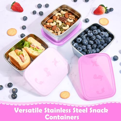 Tanjiae 3-Pack Stainless Steel Snack Containers for Kids & Toddlers - 550ml (18oz) Leakproof Colorful Lids with Cute Dinosaurs | LFGB Certified, Stackable Metal Lunch Box for Daycare, School, Travel