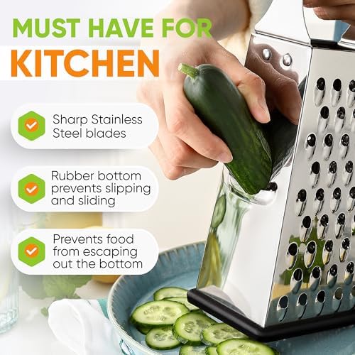 Spring Chef Stainless Steel Cheese Grater, Large Box Grater for Kitchen