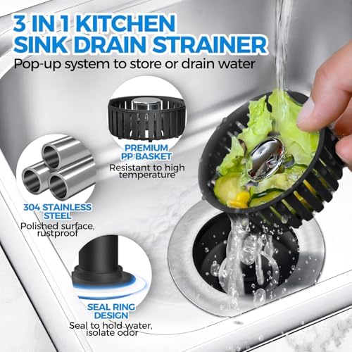 zaa 3 in 1 Kitchen Sink Drain Strainer Stopper Removable Basket Pop-Up